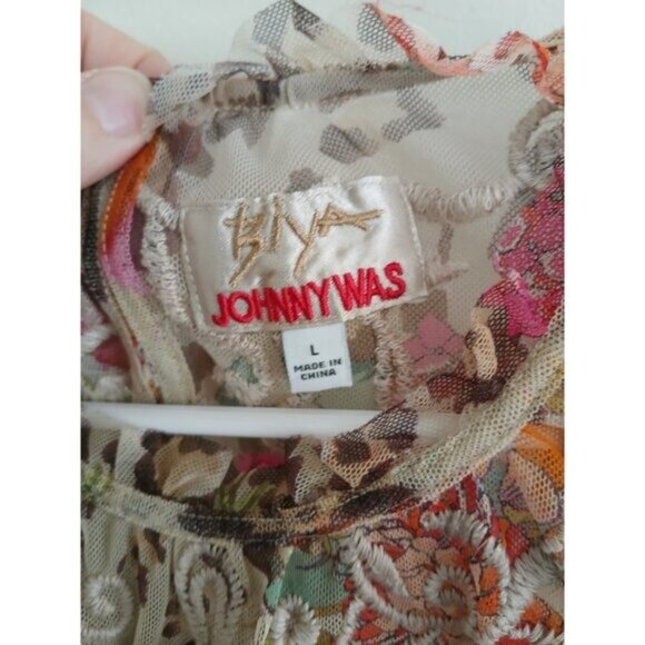 Johnny Was Womens L Boho Floral Sheer Embroidered Multicolor Short Sleeve Blouse - Picture 4 of 7